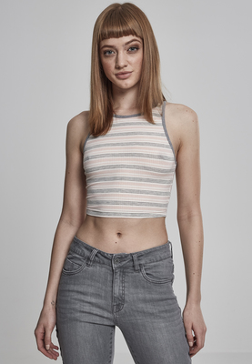 Ladies Rib Stripe Cropped Top white/navy/fire red L