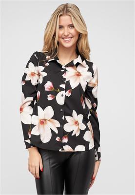 Langarm-Bluse mit Knopfleiste u. Blumenprint black L