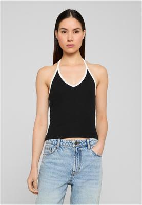 Ladies Contrast Piping Neckholder Top 2-Pack black+offwhite L
