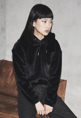 Ladies Short Velvet Gathered Hoody black L