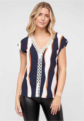 V-Neck Top mit Häkelbordüre und Wellen Print white/navy L